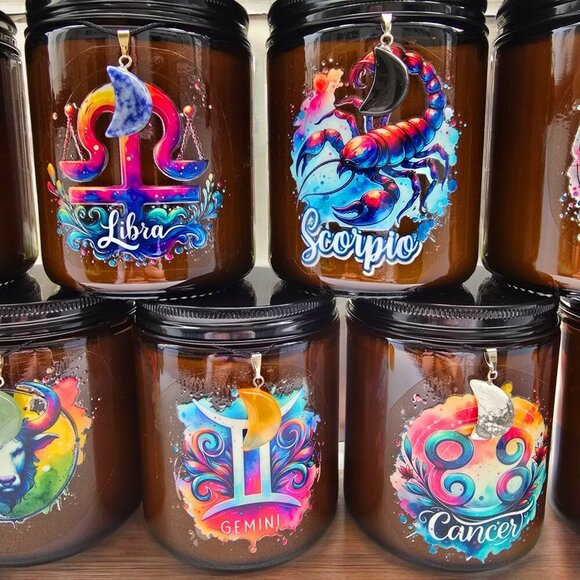 Zodiac Crystal Candle ✦ Soy Wax ✦ Hidden Crystal & Moon Necklace ✦ Wooden Wick - Picture 5 of 16